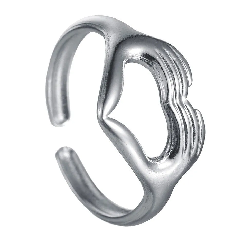 Romantic Double Hands Heart Ring Geometric Love Couple Open Men's Ring