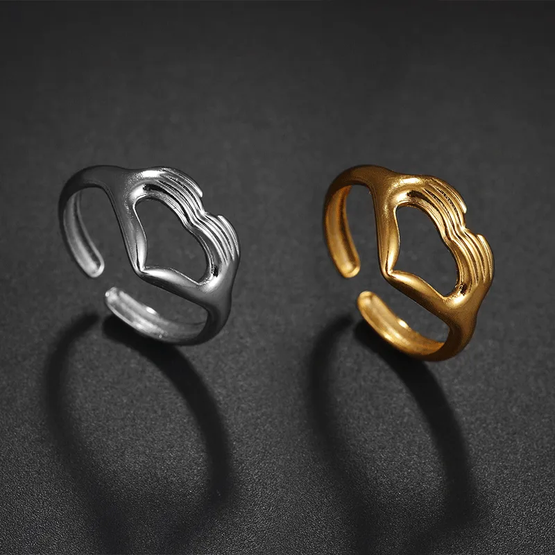 Romantic Double Hands Heart Ring Geometric Love Couple Open Men's Ring