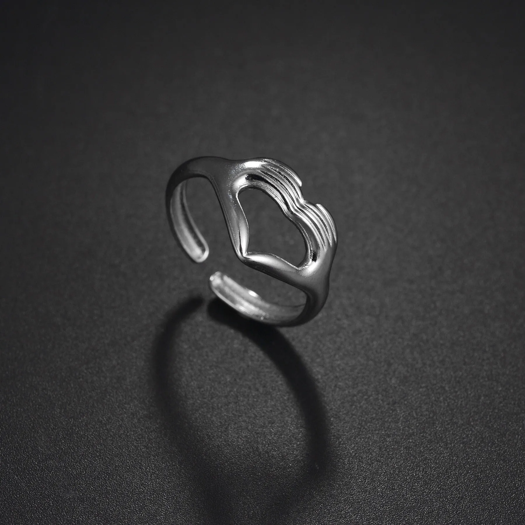 Romantic Double Hands Heart Ring Geometric Love Couple Open Men's Ring