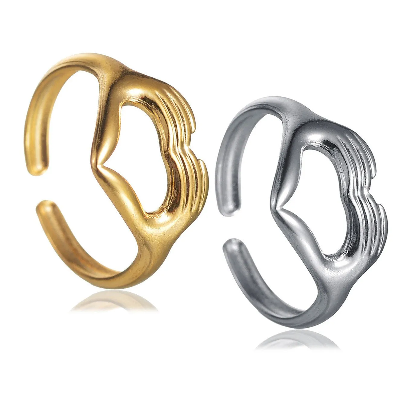 Romantic Double Hands Heart Ring Geometric Love Couple Open Men's Ring