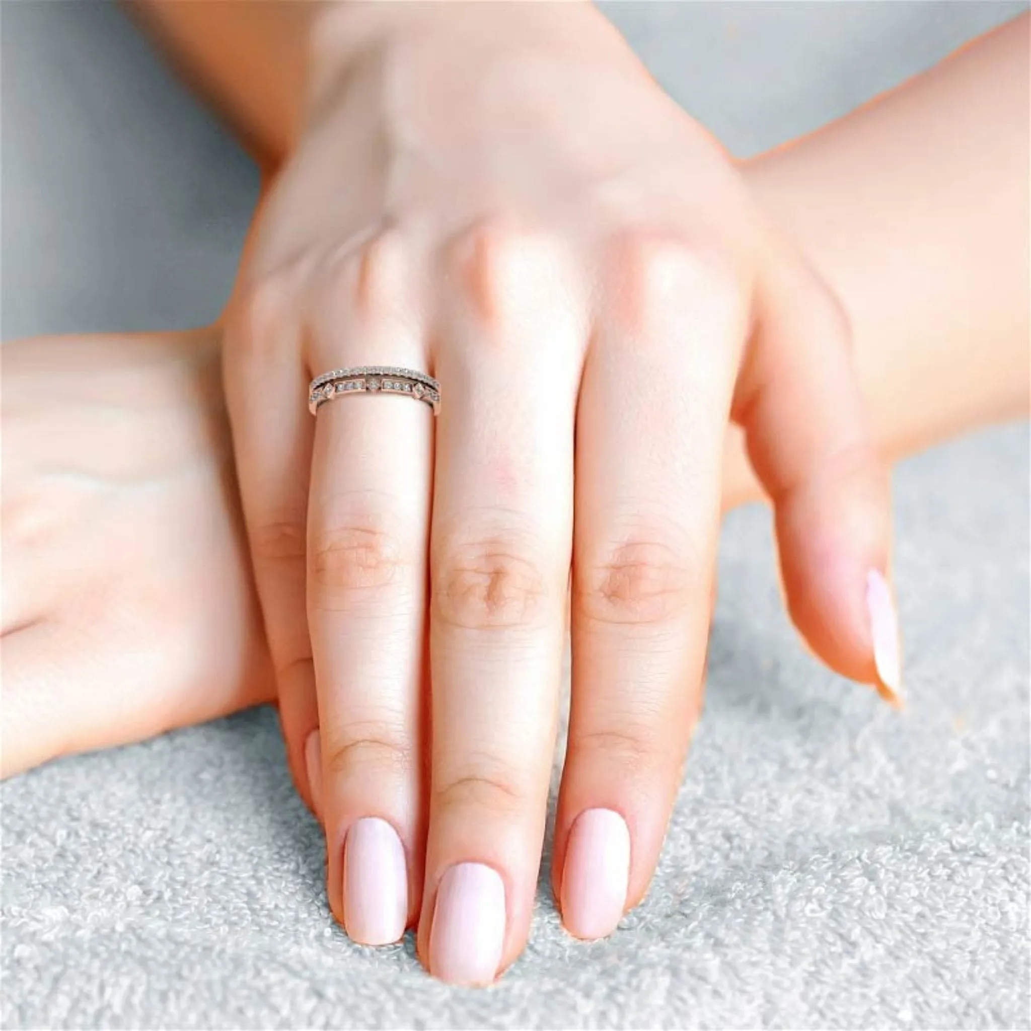 Rose Gold Silver Dual Layered Adjustable Bezel-Set Bold Geometric Ring For Woman