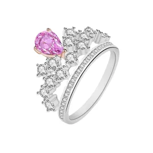 Rose Quartz Heart CZ Diamond Royal Crown Ring Princess Engagement Ring