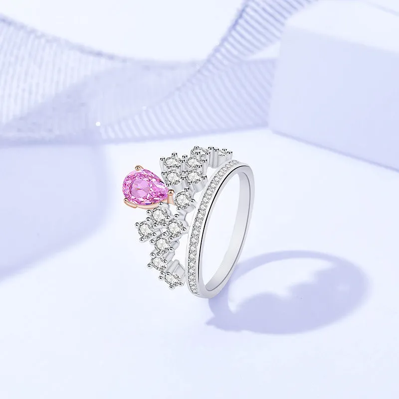 Rose Quartz Heart CZ Diamond Royal Crown Ring Princess Engagement Ring