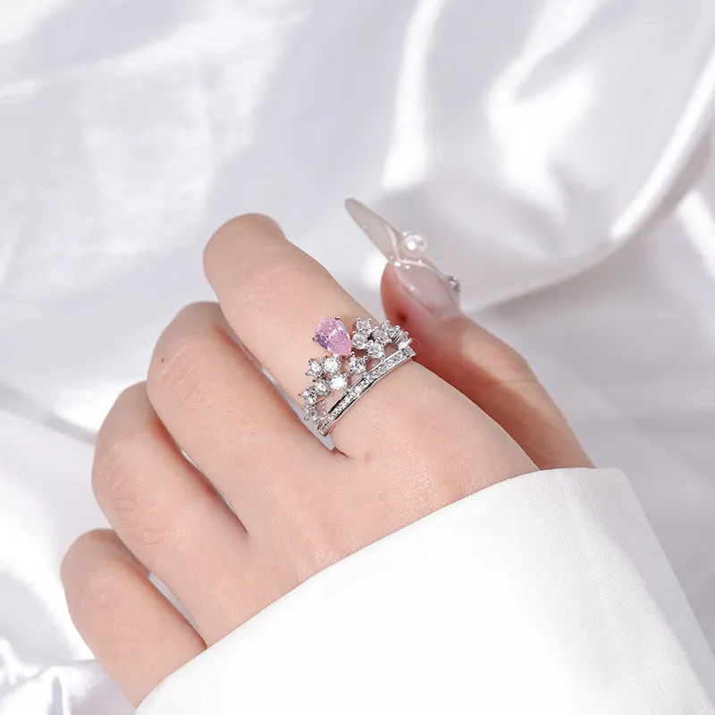 Rose Quartz Heart CZ Diamond Royal Crown Ring Princess Engagement Ring