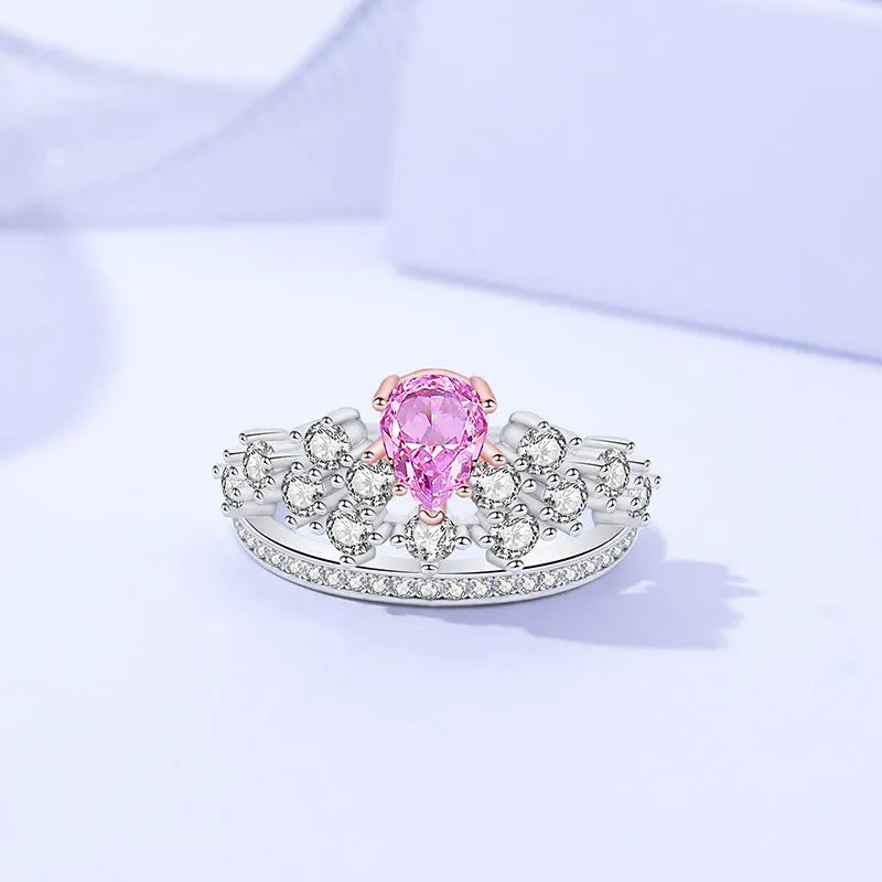 Rose Quartz Heart CZ Diamond Royal Crown Ring Princess Engagement Ring