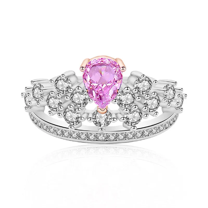 Rose Quartz Heart CZ Diamond Royal Crown Ring Princess Engagement Ring