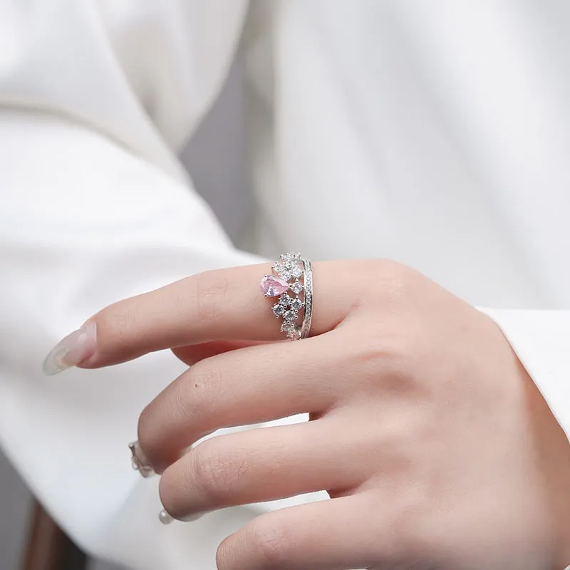 Rose Quartz Heart CZ Diamond Royal Crown Ring Princess Engagement Ring