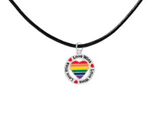Round Rainbow Heart Love Wins Charm on Black Cord Necklaces ()
