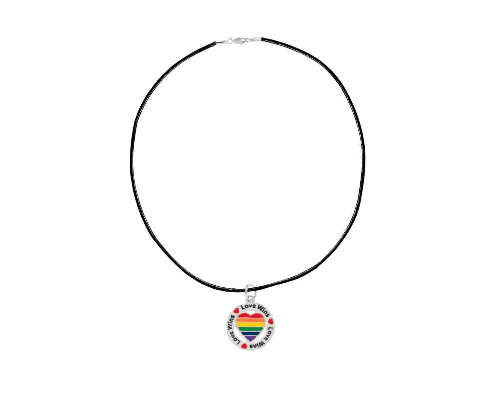 Round Rainbow Heart Love Wins Charm on Black Cord Necklaces ()