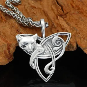 S925 Sterling Silver Cat on Triquetra Celtic Necklace