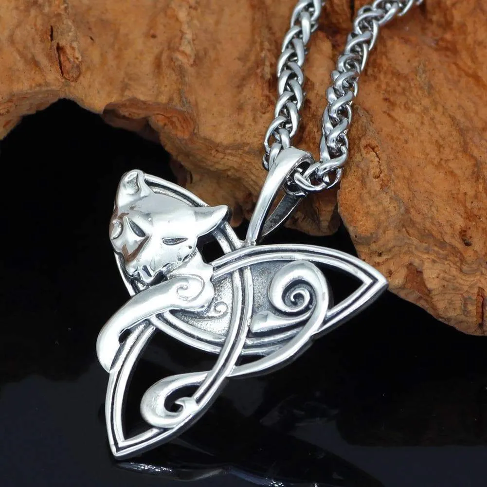 S925 Sterling Silver Cat on Triquetra Celtic Necklace