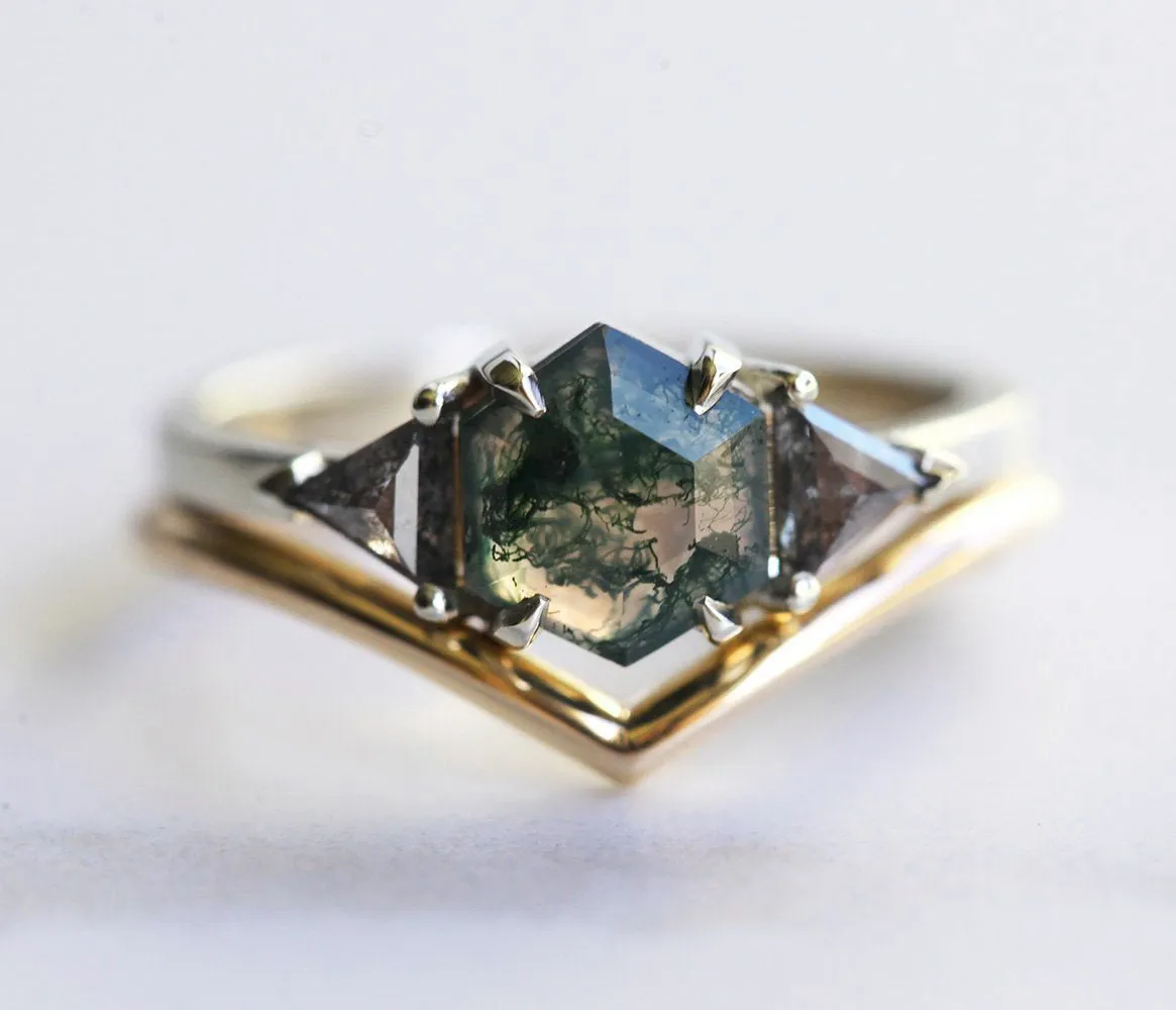 Sasha Octagon Moss Agate & Salt Pepper Diamond Ring