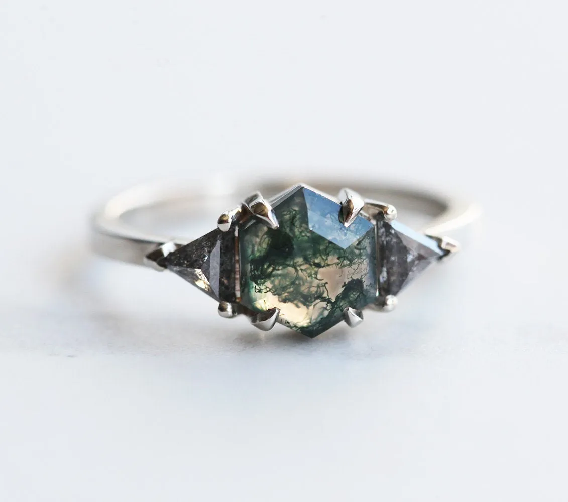 Sasha Octagon Moss Agate & Salt Pepper Diamond Ring