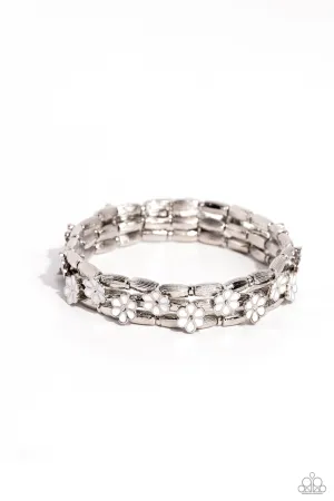 Scattered Springtime - White - Flower and Bead Stretchy Paparazzi Bracelet
