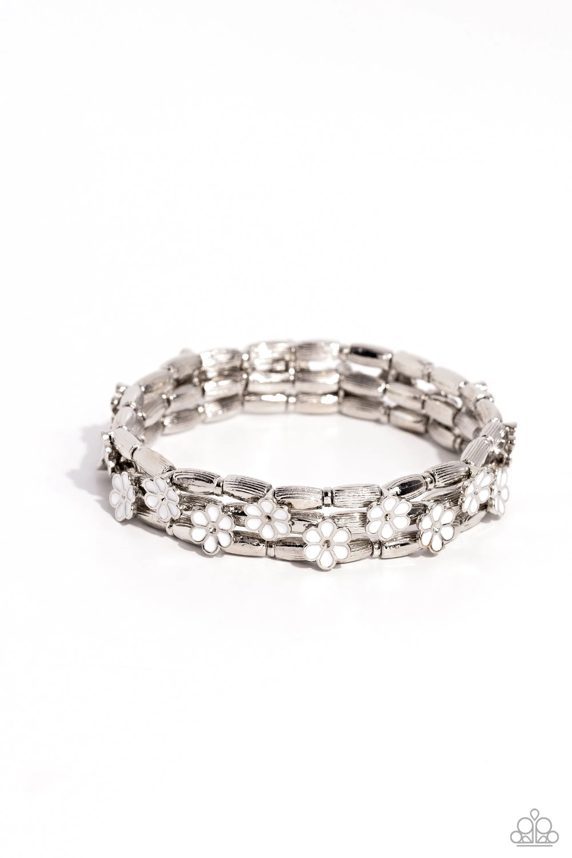 Scattered Springtime - White - Flower and Bead Stretchy Paparazzi Bracelet