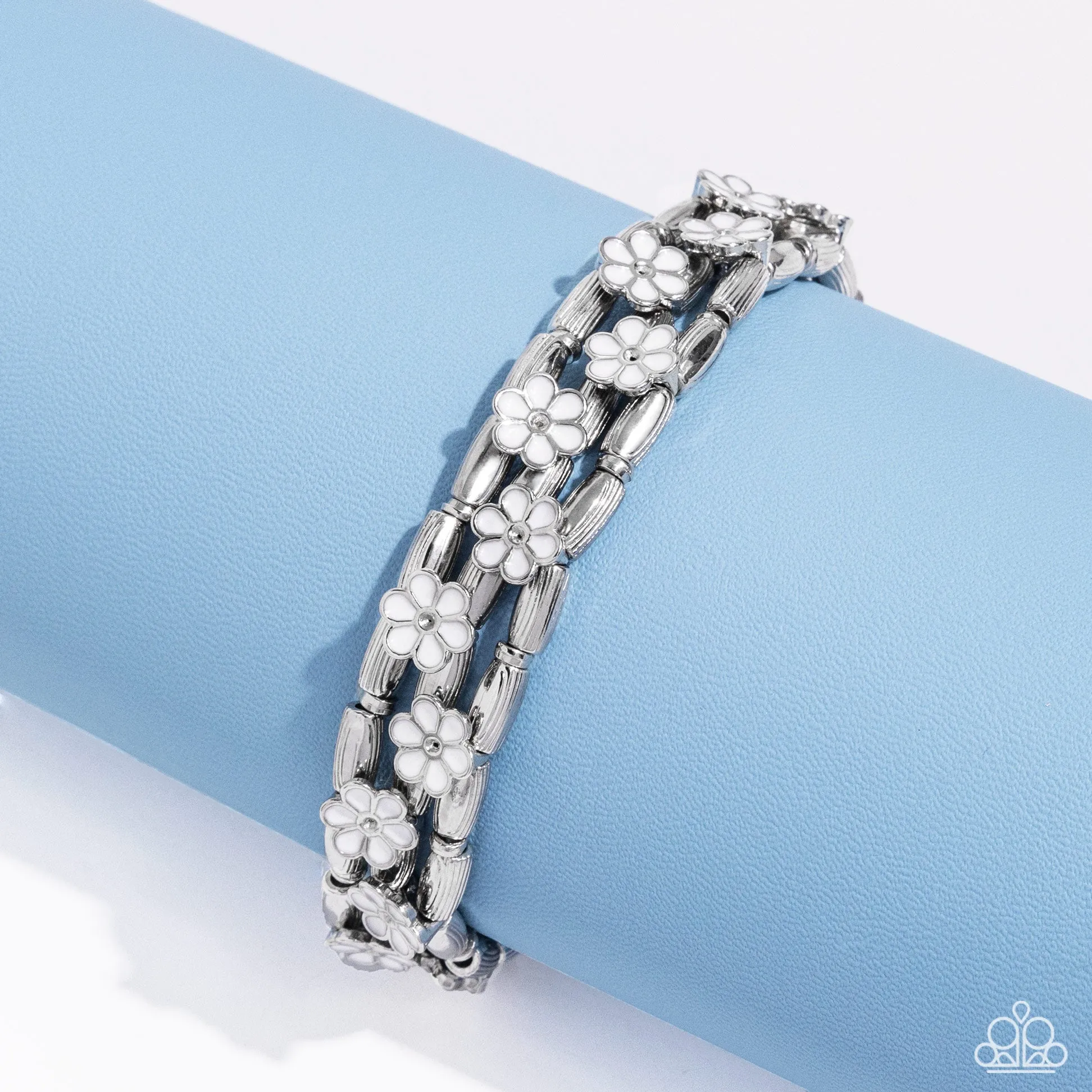 Scattered Springtime - White - Flower and Bead Stretchy Paparazzi Bracelet