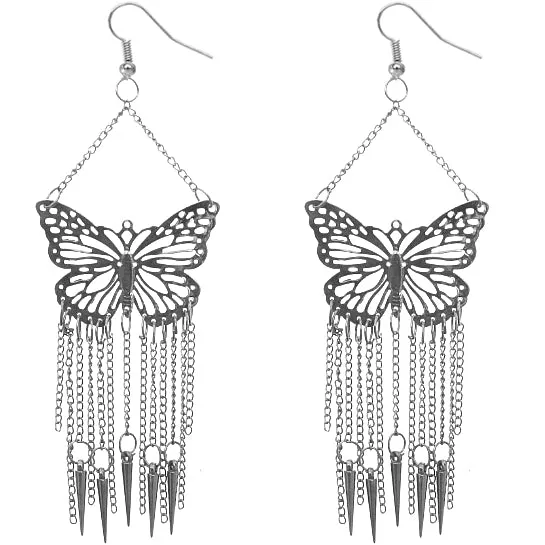 Silver Butterfly Multi Chain Spike Earrings
