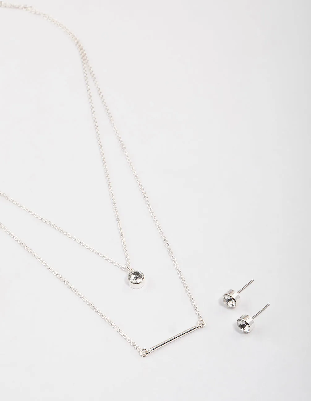 Silver Layered Stone Bar Necklace & Earrings Set