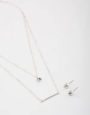 Silver Layered Stone Bar Necklace & Earrings Set