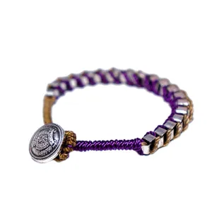 SILVER MULTI PURPLE AND BROWN MIXED COTTON STRING WITH SILVER METAL CHAIN BUTTON BRACELET  #SB28917_SIL-PUR (IE14)