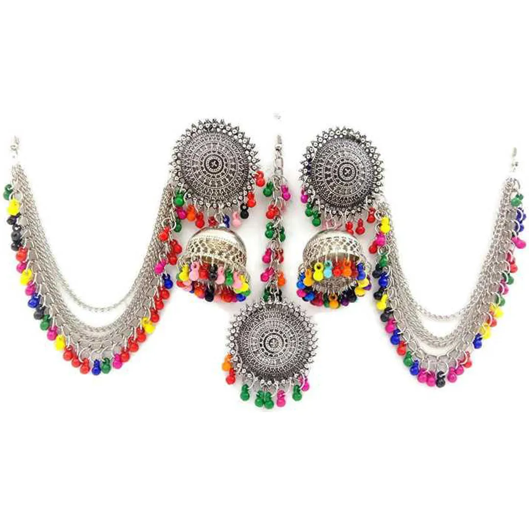 Silver Multicolor Bahubali Chain Jhumka With Maang Tikka