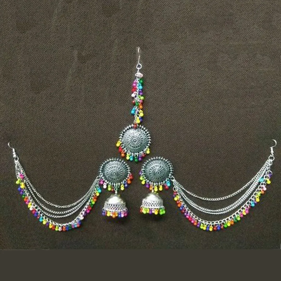 Silver Multicolor Bahubali Chain Jhumka With Maang Tikka