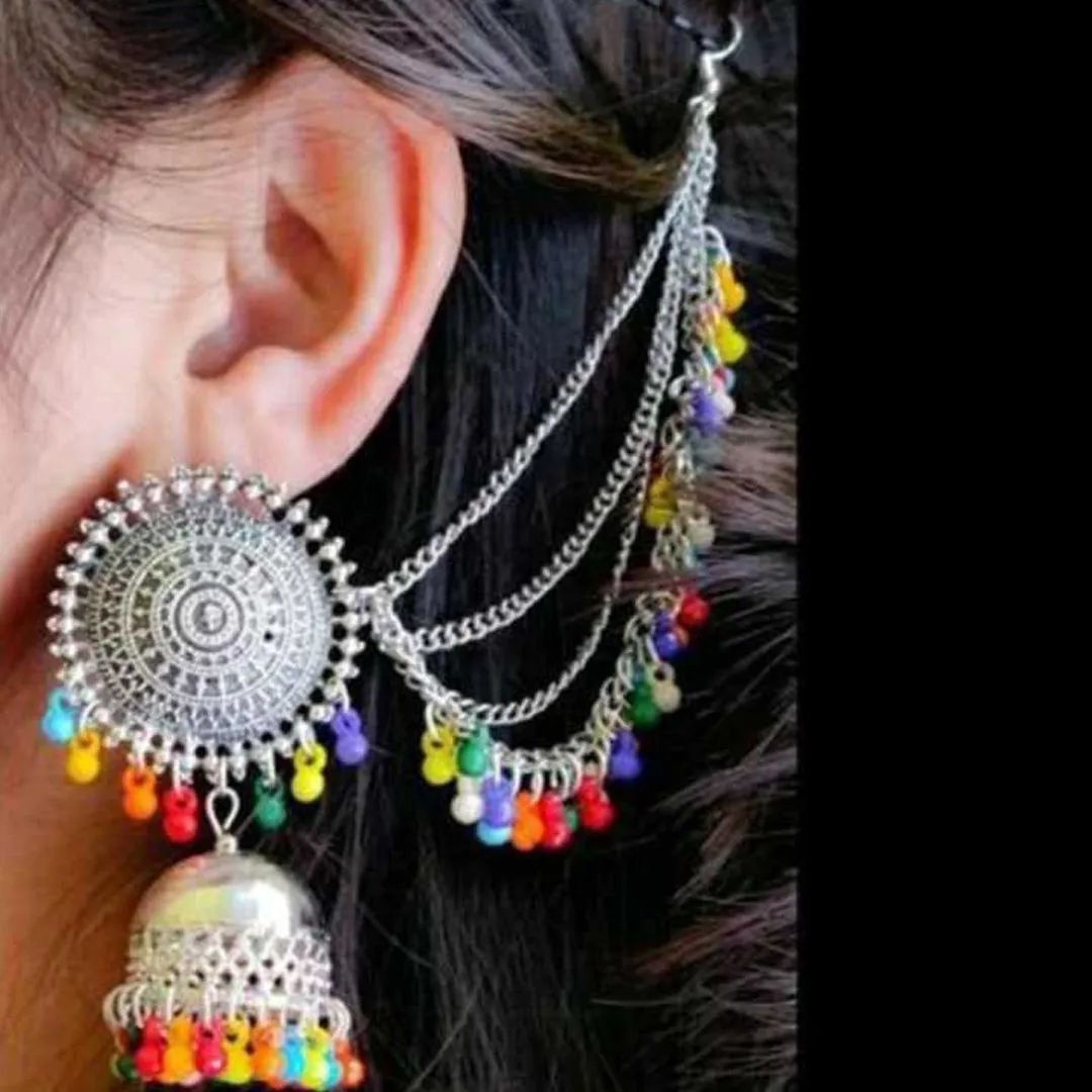 Silver Multicolor Bahubali Chain Jhumka With Maang Tikka