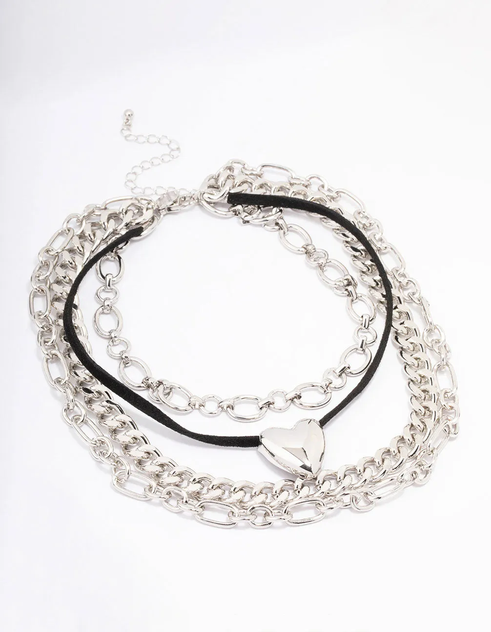 Silver Puffy Heart Layered Mixed Chain Necklace