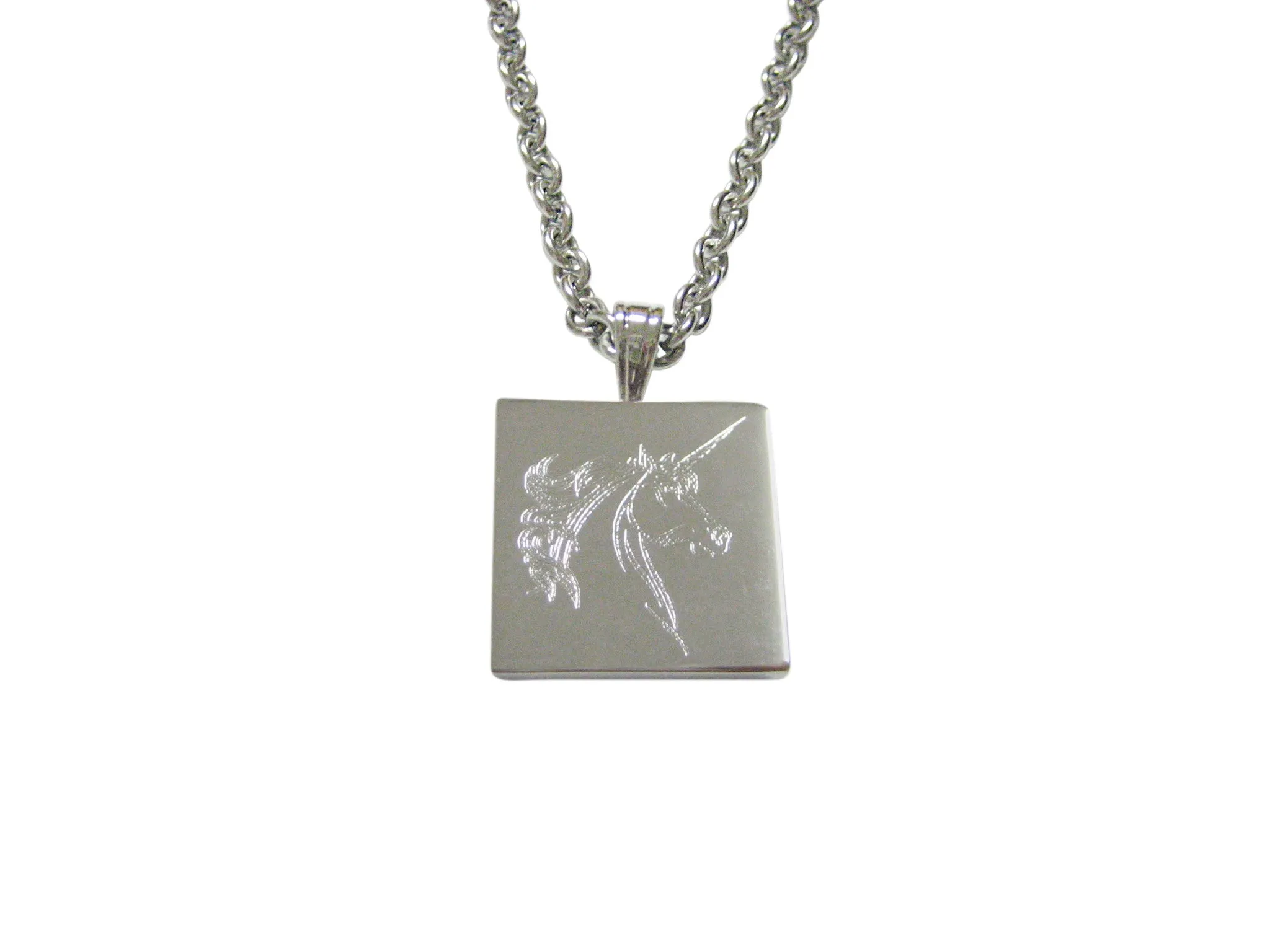 Silver Toned Etched Unicorn Head Pendant Necklace