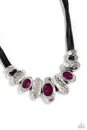 Sliding Splendor - Pink - Oval Gem Asymmetrical Frame Black Cord Paparazzi Short Necklace