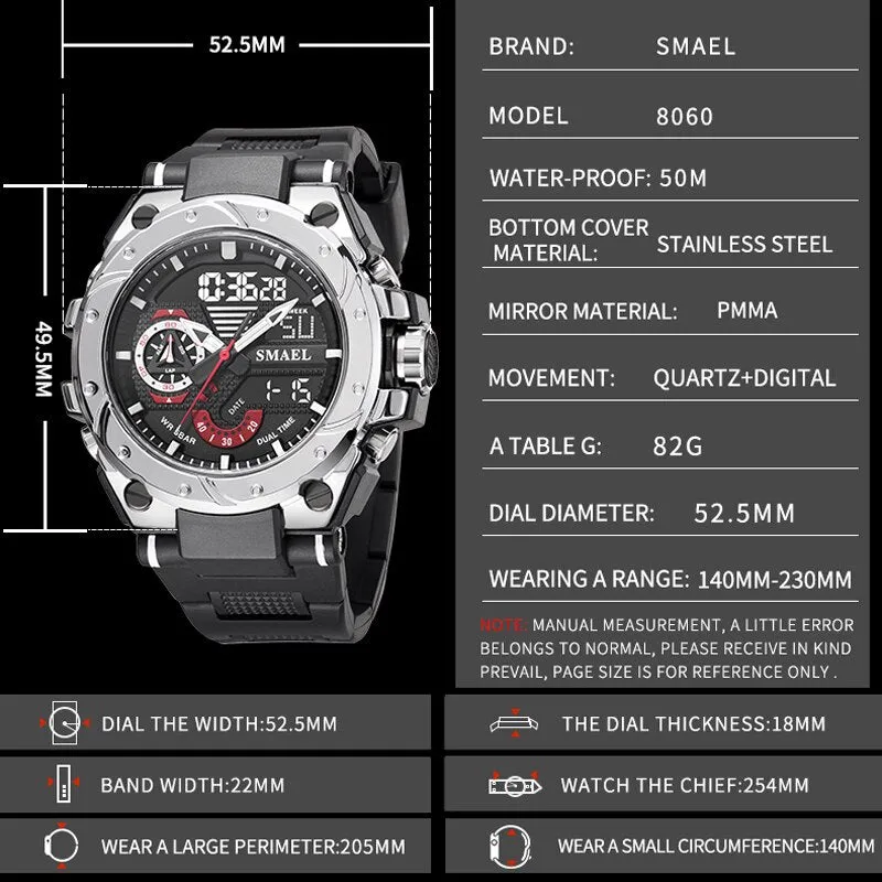 SMAEL Analog Quartz Watch For Men Digital Sports Watches Mens Dual Display Alarm Wristwatch Waterproof Military Luxury Man Clock