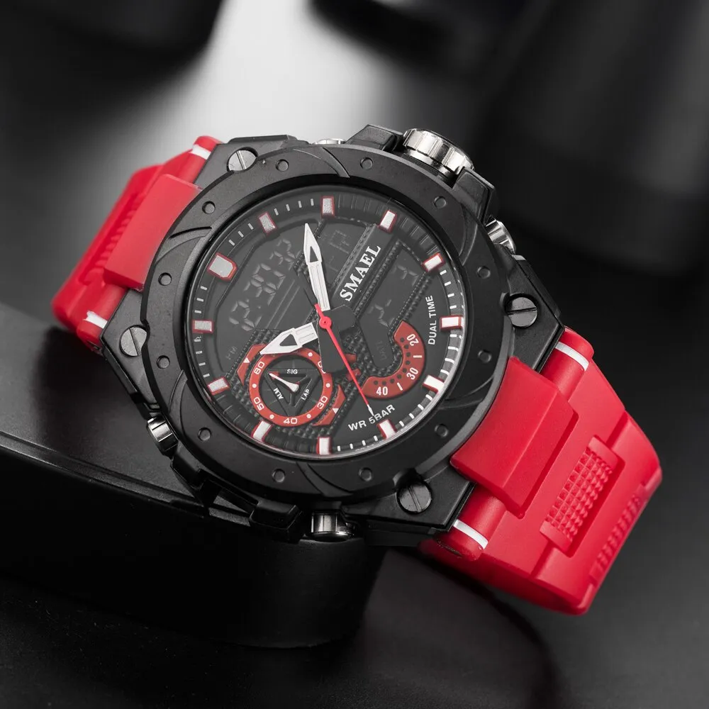SMAEL Analog Quartz Watch For Men Digital Sports Watches Mens Dual Display Alarm Wristwatch Waterproof Military Luxury Man Clock