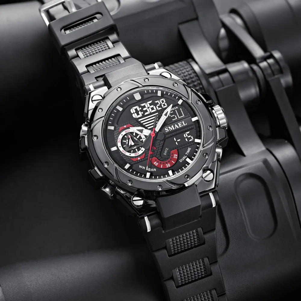 SMAEL Analog Quartz Watch For Men Digital Sports Watches Mens Dual Display Alarm Wristwatch Waterproof Military Luxury Man Clock