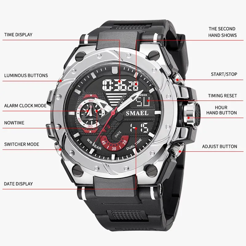 SMAEL Analog Quartz Watch For Men Digital Sports Watches Mens Dual Display Alarm Wristwatch Waterproof Military Luxury Man Clock