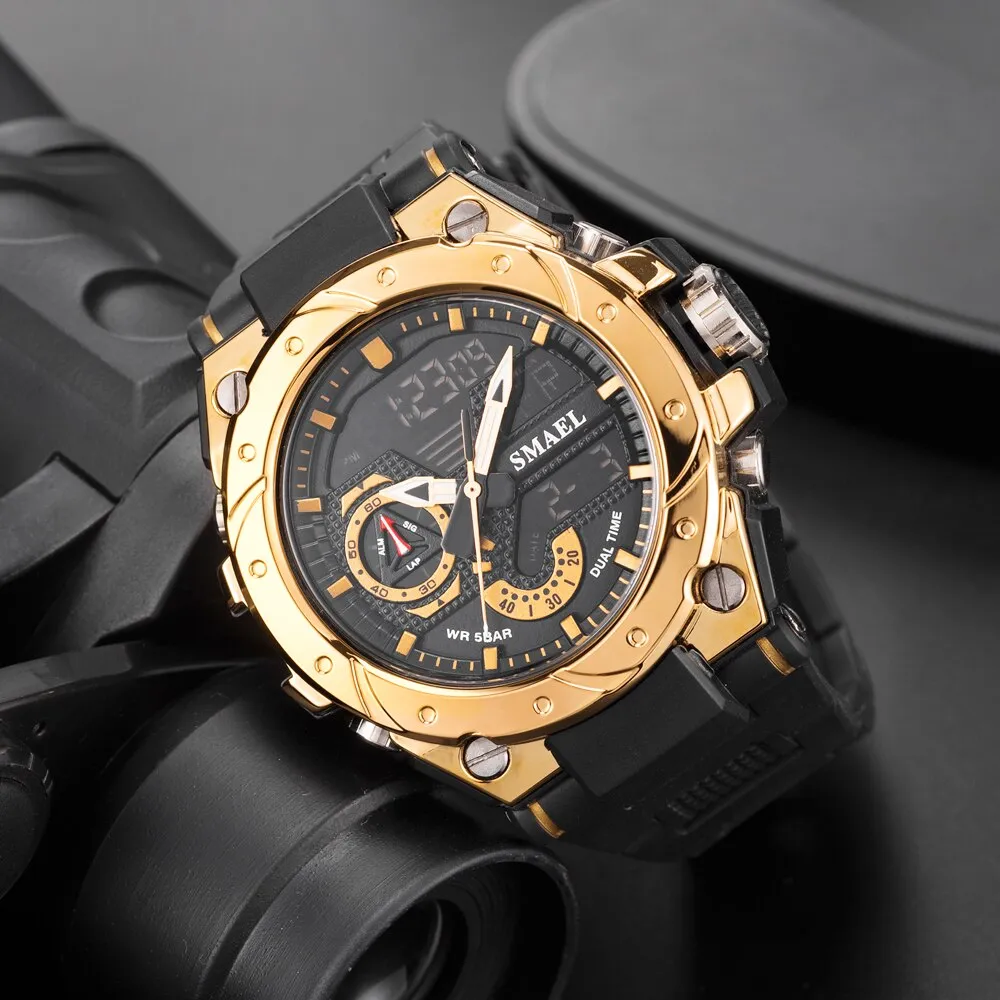 SMAEL Analog Quartz Watch For Men Digital Sports Watches Mens Dual Display Alarm Wristwatch Waterproof Military Luxury Man Clock