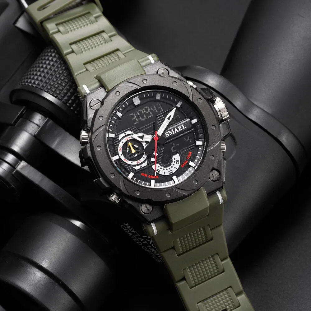 SMAEL Analog Quartz Watch For Men Digital Sports Watches Mens Dual Display Alarm Wristwatch Waterproof Military Luxury Man Clock