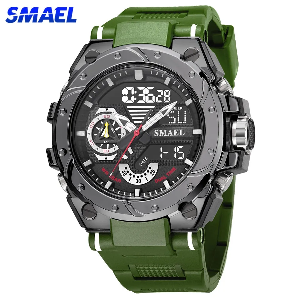 SMAEL Analog Quartz Watch For Men Digital Sports Watches Mens Dual Display Alarm Wristwatch Waterproof Military Luxury Man Clock