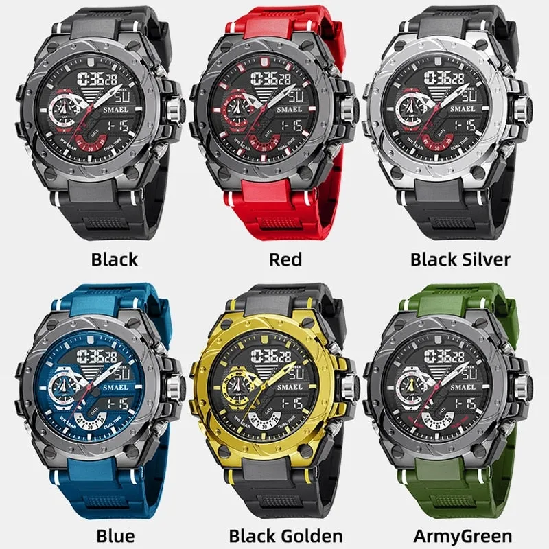 SMAEL Analog Quartz Watch For Men Digital Sports Watches Mens Dual Display Alarm Wristwatch Waterproof Military Luxury Man Clock