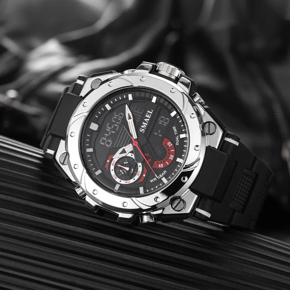 SMAEL Analog Quartz Watch For Men Digital Sports Watches Mens Dual Display Alarm Wristwatch Waterproof Military Luxury Man Clock
