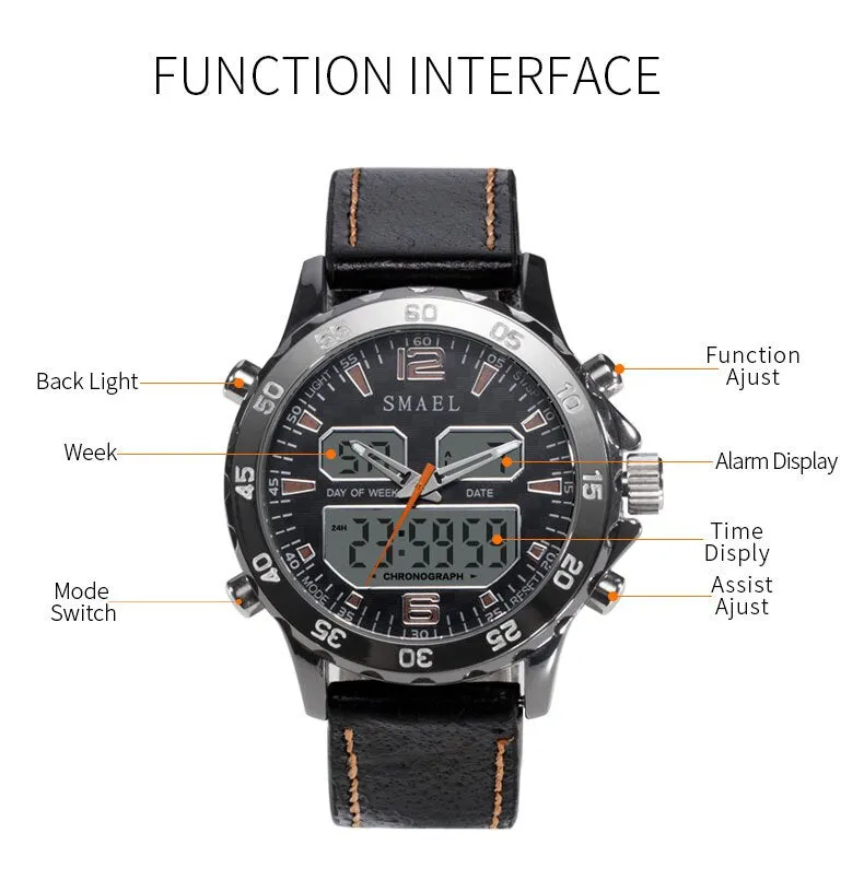 SMAEL Brand Fashion Men Sports Quartz Watches Men Analog Digital Leather Men&#39;s Army Military Watch Clock Man Relogio Masculino