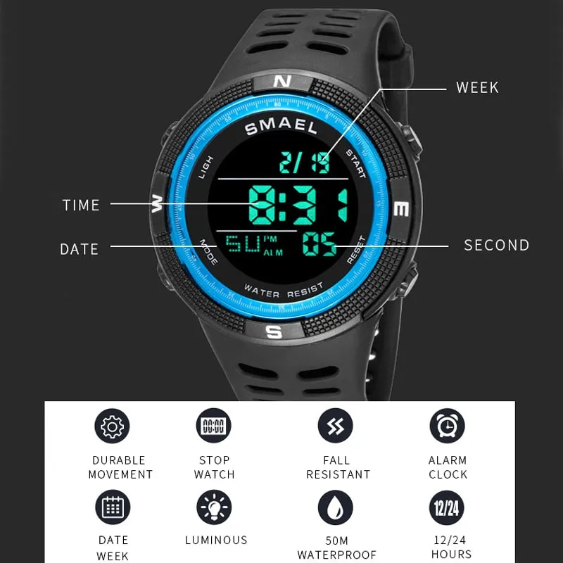 SMAEL Brand LED Digital Men Watches Fashion Chronos Countdown Waterproof Sports l Watch Man Military Multifunctional Wrist Watch