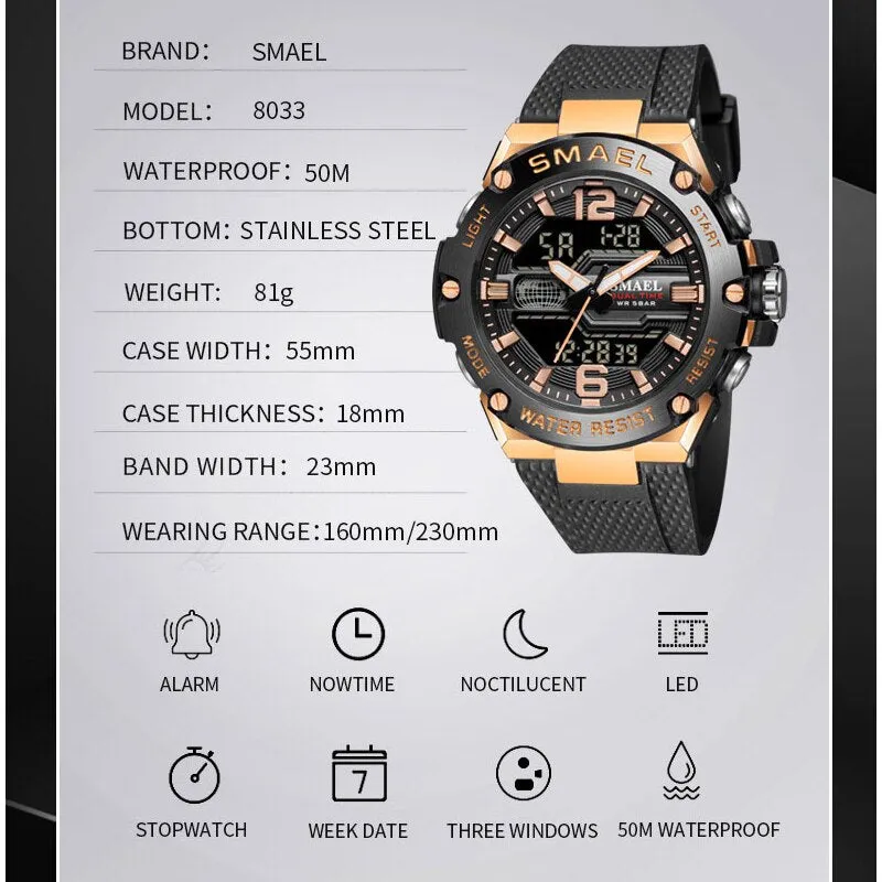 SMAEL Brand New Mens Sport Waterproof Wristwatch Fashion Double Display Digital Quartz Watch Men LED Military Army Date Watches