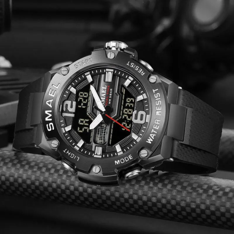 SMAEL Brand New Mens Sport Waterproof Wristwatch Fashion Double Display Digital Quartz Watch Men LED Military Army Date Watches