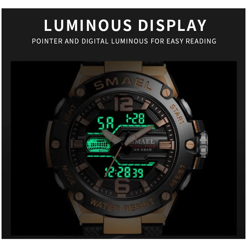 SMAEL Brand New Mens Sport Waterproof Wristwatch Fashion Double Display Digital Quartz Watch Men LED Military Army Date Watches
