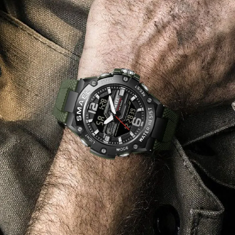 SMAEL Brand New Mens Sport Waterproof Wristwatch Fashion Double Display Digital Quartz Watch Men LED Military Army Date Watches