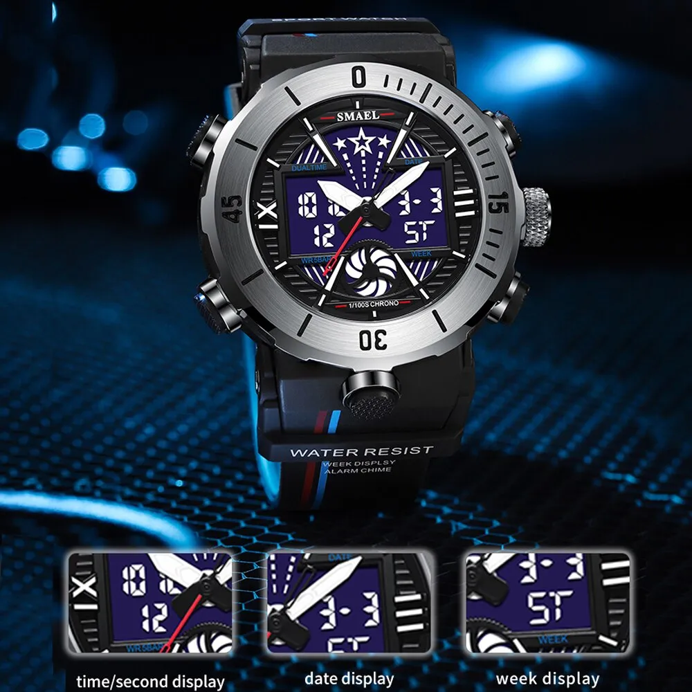 SMAEL Dual Time Digital Watch for Men Sports Stopwatch Student Shockproof Watches Electronic Chronograph Clock Male Wristwatch