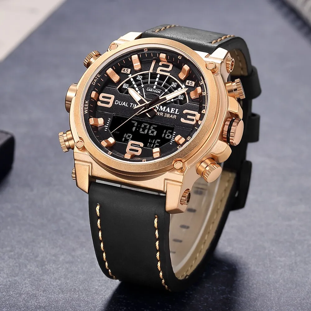 SMAEL Fashion Brand Watch Men Leather Sport Watches Rosegold Waterproof Quartz Wristwatches Chronograph Male Clock