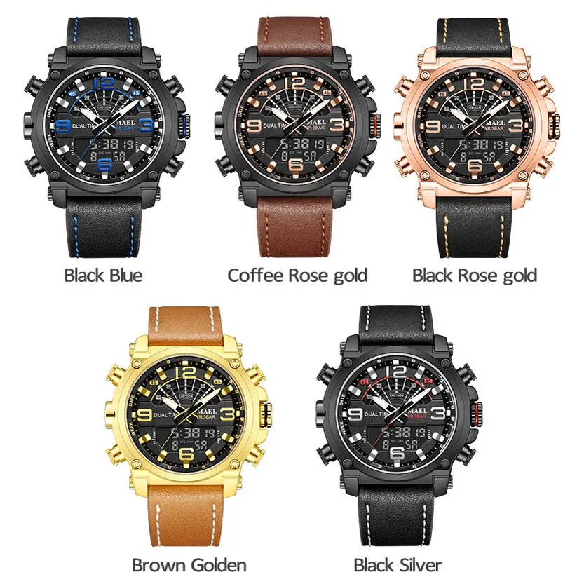 SMAEL Fashion Brand Watch Men Leather Sport Watches Rosegold Waterproof Quartz Wristwatches Chronograph Male Clock