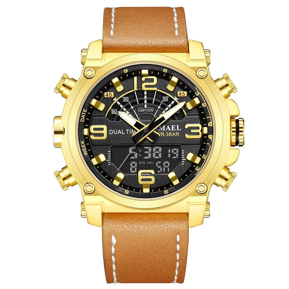 SMAEL Fashion Brand Watch Men Leather Sport Watches Rosegold Waterproof Quartz Wristwatches Chronograph Male Clock