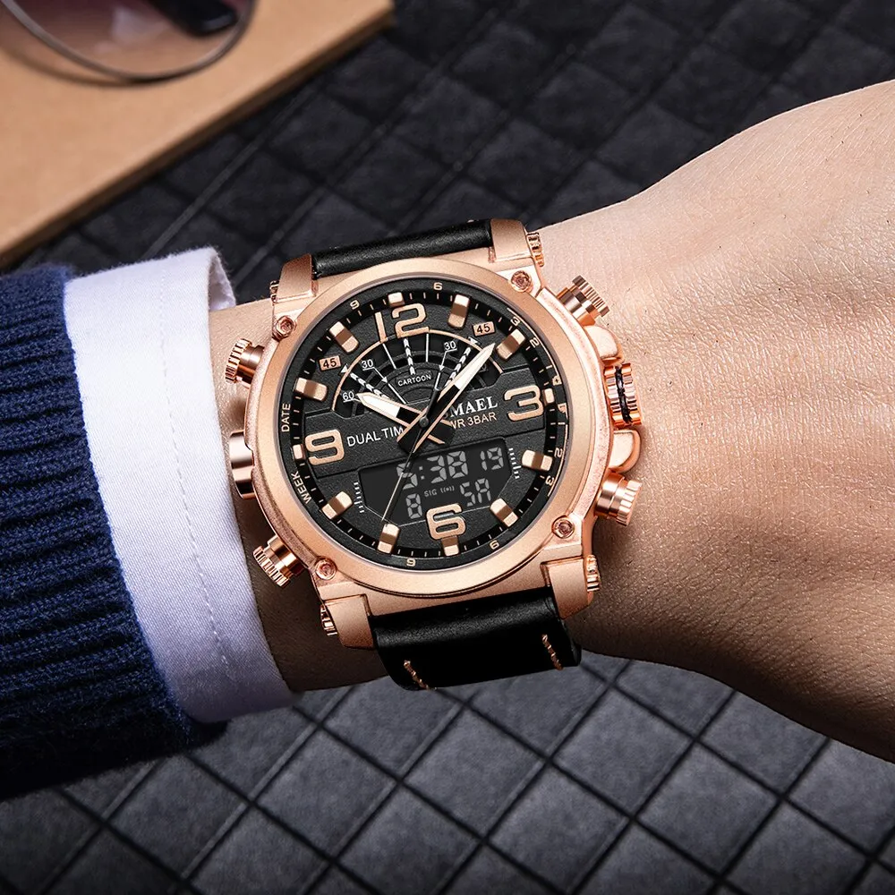 SMAEL Fashion Brand Watch Men Leather Sport Watches Rosegold Waterproof Quartz Wristwatches Chronograph Male Clock